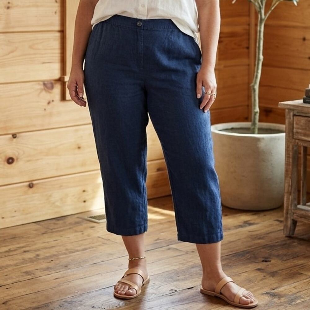 Eileen Fisher Petite 100% Organic Linen Cropped wideleg capri pants Gaucho's 16P